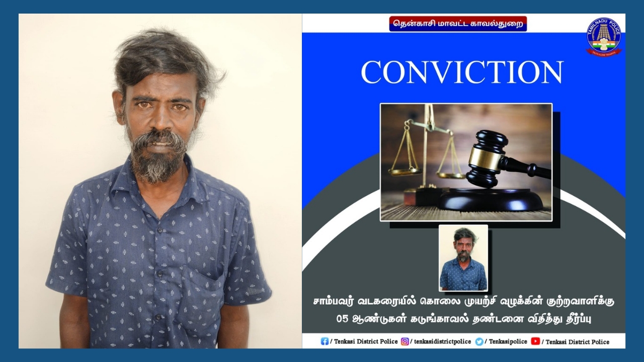 கொலை முயற்சி வழக்கில் குற்றவாளிக்கு 05 ஆண்டுகள் கடுங்காவல் தண்டனை; தென்காசி நீதிமன்றம் தீர்ப்பு..